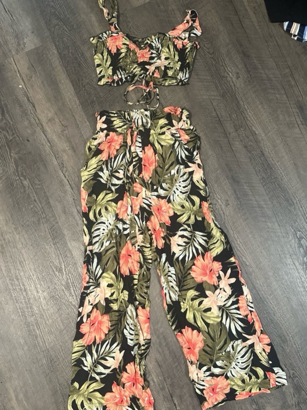 Floral Wide-Leg Tie-Waist Pants - Black with Coral & Green